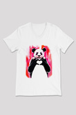 Panda Beyaz Unisex V Yaka Tişört T-Shirt