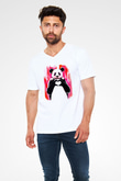 Panda Beyaz Unisex V Yaka Tişört T-Shirt