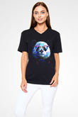 Panda Siyah Unisex V Yaka Tişört