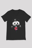 Panda Siyah Unisex V Yaka Tişört T-Shirt