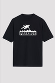 Parkour Baskılı Unisex Siyah Oversize Tişört