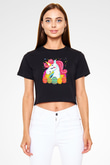 Paskalya Baskılı Siyah Crop Top Kadın Tişört - Tshirt