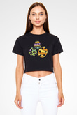 Paskalya Baskılı Siyah Crop Top Kadın Tişört - Tshirt