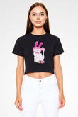 Paskalya Baskılı Siyah Crop Top Kadın Tişört - Tshirt