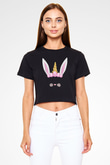 Paskalya Baskılı Siyah Crop Top Kadın Tişört - Tshirt