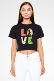 Paskalya Baskılı Siyah Crop Top Kadın Tişört - Tshirt