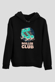 Paten Baskılı Unisex Siyah Kapüşonlu Sweatshirt