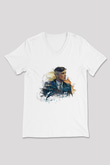 Peaky Blinders Baskılı Beyaz Unisex V Yaka Tişört - Tshirt