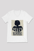 Peaky Blinders Baskılı Beyaz Unisex V Yaka Tişört - Tshirt