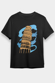 Pisa Kulesi Siyah Unisex Tişört T-Shirt - TişörtFabrikası