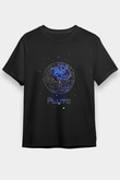 Plüton Çizim Baskılı Unisex Siyah Tişört - Tshirt