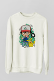 Pokemon Baskılı Unisex Beyaz Sweatshirt