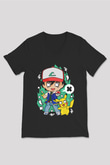 Pokemon Baskılı Unisex Siyah V Yaka Tişört