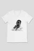 Pop Smoke Baskılı Beyaz Unisex V Yaka Tişört - Tshirt