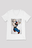 Popeye Beyaz Unisex  V Yaka Tişört