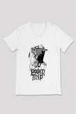 Power Trip Baskılı Beyaz Unisex V Yaka Tişört - Tshirt
