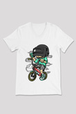 PUBG Biker Baskılı Unisex Beyaz V Yaka Tişört