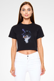 Puro İçen Karizmatik Kedi Baskılı  Siyah  Crop Top Tişört