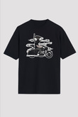 Q9-O Biker Baskılı Siyah Unisex Oversize Tişört