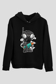 Q9-O Rocket Baskılı Siyah Unisex Hoodie