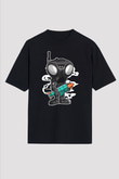 Q9-O Rocket Baskılı Siyah Unisex Oversize Tişört