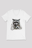 Rakun Beyaz Unisex V Yaka Tişört T-Shirt