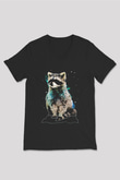 Rakun Siyah Unisex V Yaka Tişört