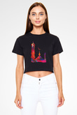 Ramazan Bayramı Baskılı Siyah Crop Top Kadın Tişört - Tshirt