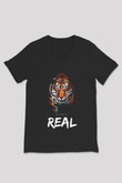 Real Stay Kaplan Baskılı Unisex Siyah  V Yaka Tişört