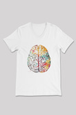 Renkli İnsan Beyni Baskılı Unisex V Yaka Beyaz Tişört - Tshirt