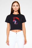 Renkli Kurt Baskılı  Siyah  Crop Top Tişört