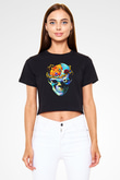 Renkli Kurukafa Baskılı  Siyah  Crop Top Tişört
