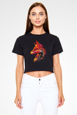 Renkli Tilki Baskılı  Siyah  Crop Top Tişört