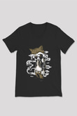 Rocket Gangster Baskılı Siyah Unisex V Yaka Tişört
