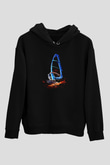 Rüzgar Sörfü - Windsurf Baskılı Unisex Siyah Kapüşonlu Sweatshirt