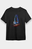 Rüzgar Sörfü - Windsurf Baskılı Unisex Siyah Tişört - Tshirt