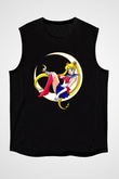 Sailor Moon Baskılı Unisex Siyah Kolsuz Tişört - Tshirt
