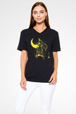 Sailor Moon Baskılı Unisex Siyah V Yaka Tişört - Tshirt