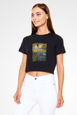 Salvador Dali Baskılı Siyah Kadın Crop Top Tişört