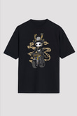 Samurai Biker Baskılı Siyah Unisex Oversize Tişört