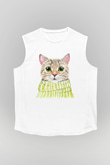 Şaşkın Kedi Baskılı Unisex Beyaz  Kolsuz Tişört