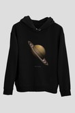 Satürn Baskılı Unisex Siyah Kapüşonlu Sweatshirt