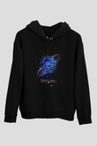 Satürn Çizim Baskılı Unisex Siyah Kapüşonlu Sweatshirt