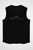 Schrödinger'in Kedisi Kalp Ritmi Baskılı Unisex Kolsuz Siyah Tişört - Tshirt