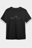 Schrödinger'in Kedisi Kalp Ritmi Baskılı Unisex Siyah Tişört - Tshirt