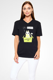 Schrödinger'in Kedisi Kutu Baskılı Unisex V Yaka Siyah Tİşört - Tshirt