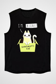 Schrödinger'in Kedisi Kutu Baskılı Unisex Kolsuz Siyah Tişört - Tshirt