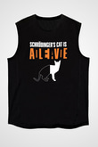 Schrödinger'in Kedisi Ölü Canlı Baskılı Unisex Kolsuz Siyah Tişört - Tshirt
