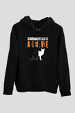 Schrödinger'in Kedisi Ölü Canlı Baskılı Unisex Siyah Kapüşonlu Sweatshirt