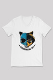 Schrödinger'in Kedisi Ölü-Diri Baskılı Unisex V Yaka Beyaz Tişört - Tshirt